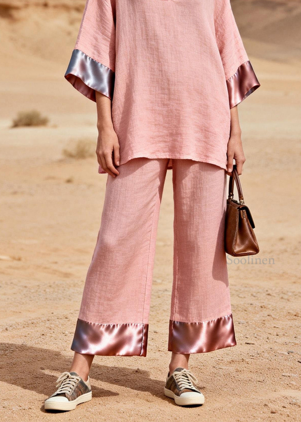 Chic Pink V Neck Patchwork Linen Silk Two Piece Set Summer