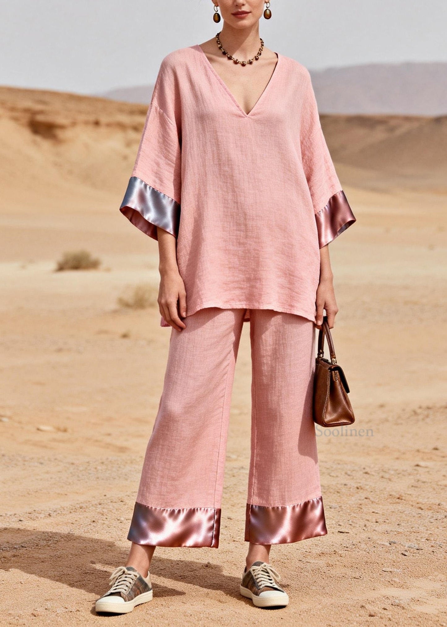 Chic Pink V Neck Patchwork Linen Silk Two Piece Set Summer