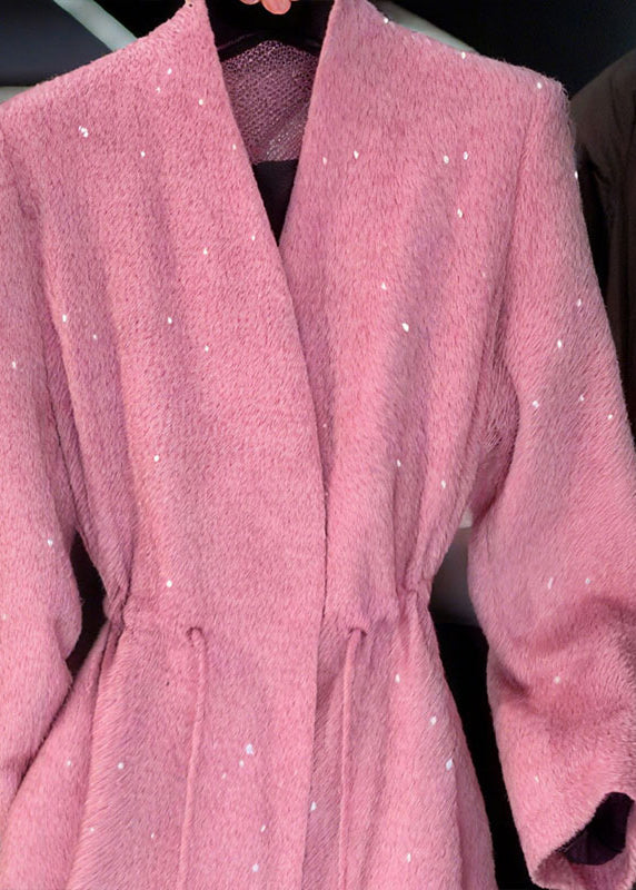 Abrigo elegante rosa con cuello en V y lentejuelas con cordón para primavera