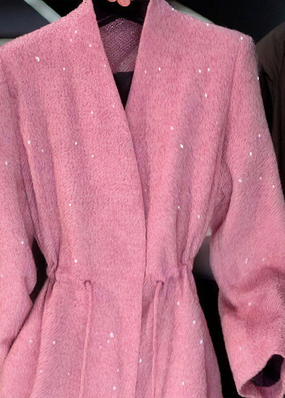 Abrigo elegante rosa con cuello en V y lentejuelas con cordón para primavera