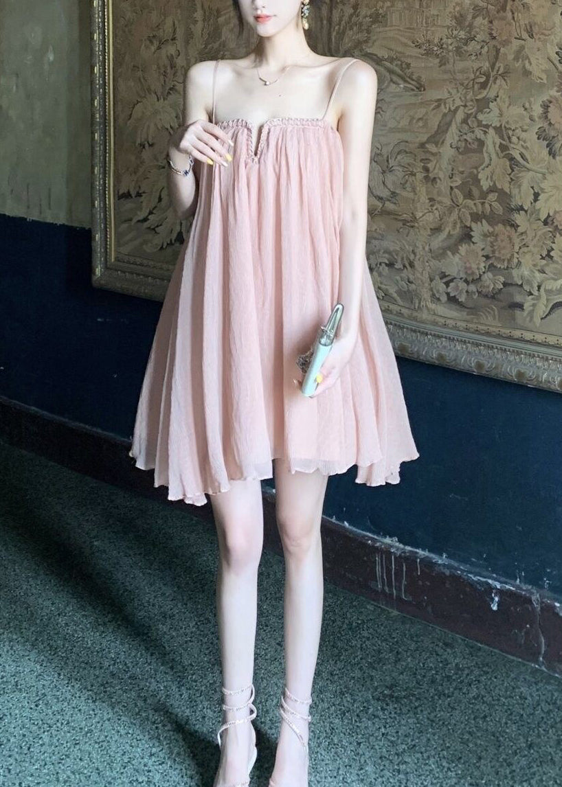 Chic Pink Wrinkled Tulle Spaghetti Strap Dress Summer