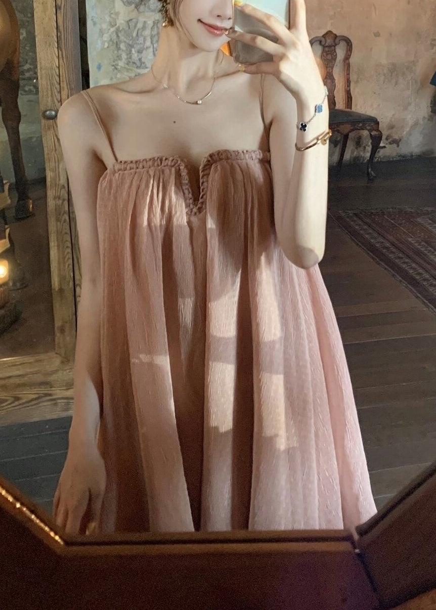 Chic Pink Wrinkled Tulle Spaghetti Strap Dress Summer
