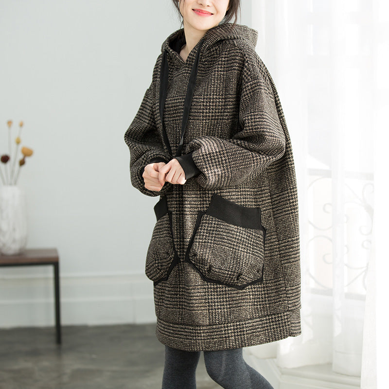 Schicke karierte Baumwolltuniken mit süßer Form und Kapuze, übergroße Frühlingskleider