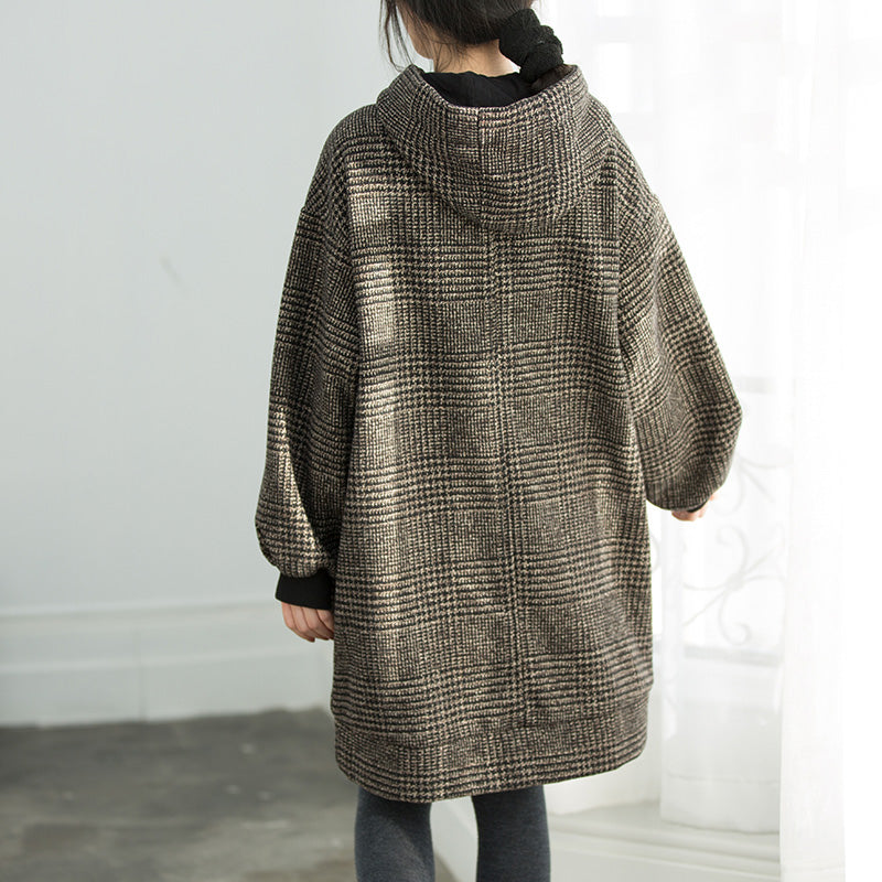 Schicke karierte Baumwolltuniken mit süßer Form und Kapuze, übergroße Frühlingskleider