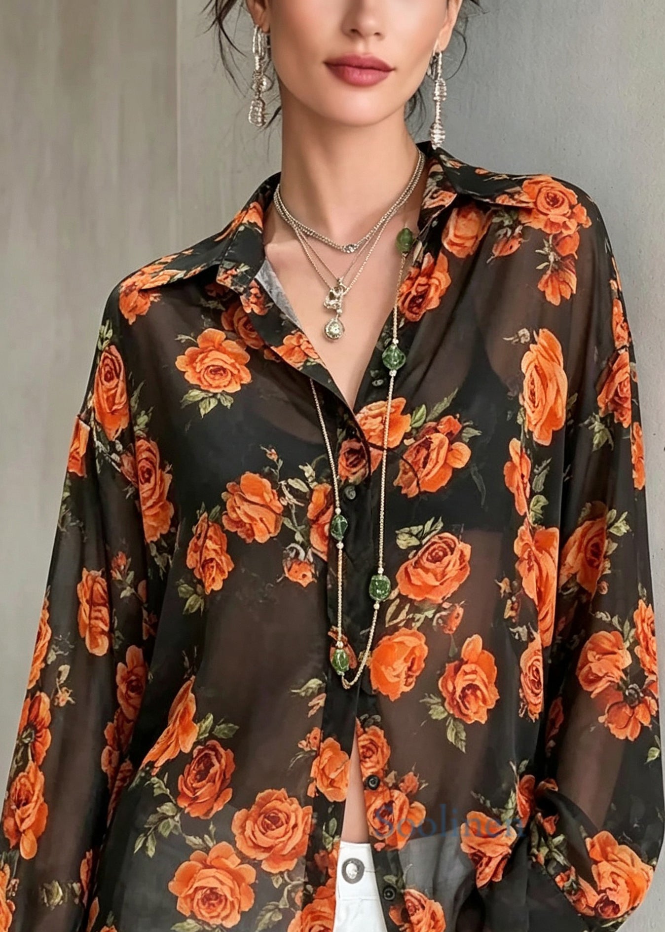 Chic Print Chiffon UPF 50+ Blouse Tops Long Sleeve