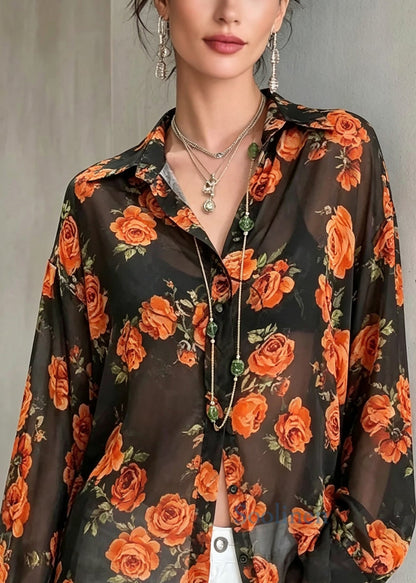 Chic Print Chiffon UPF 50+ Blouse Tops Long Sleeve