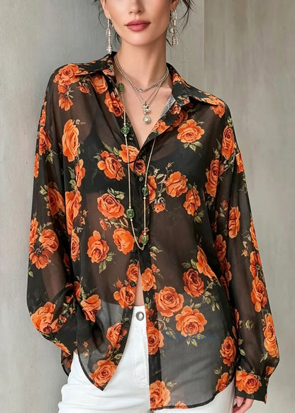 Chic Print Chiffon UPF 50+ Blouse Tops Long Sleeve