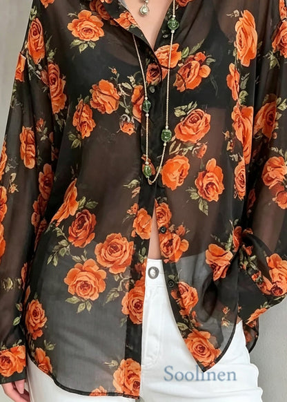 Chic Print Chiffon UPF 50+ Blouse Tops Long Sleeve