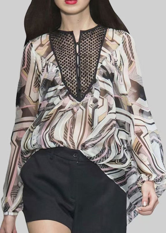 Chic Print Draping Chiffon Shirt Top Lantern Sleeve