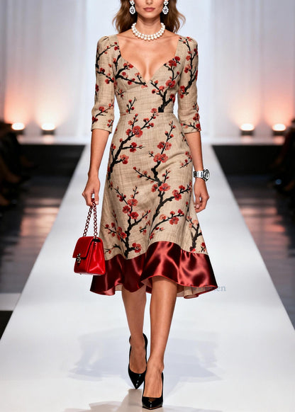 Chic Print Patchwork Linen Silk Long Dresses Summer