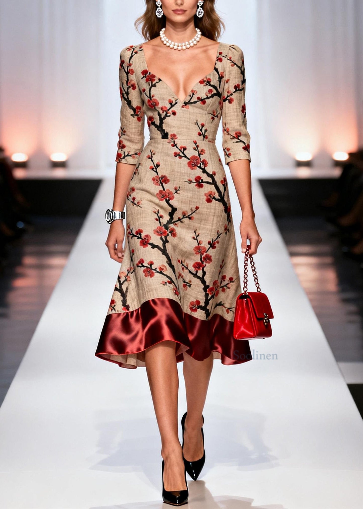 Chic Print Patchwork Linen Silk Long Dresses Summer