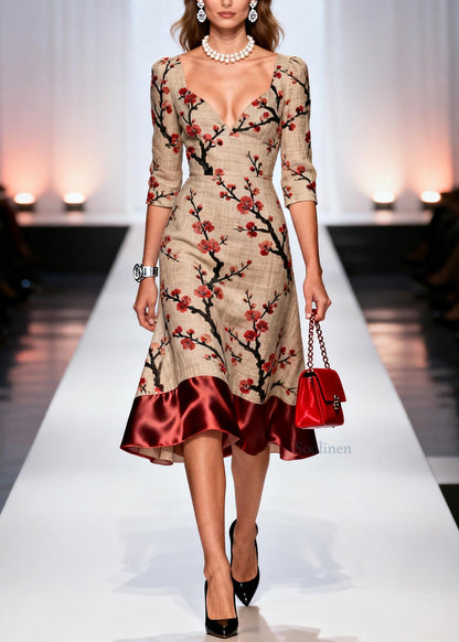Chic Print Patchwork Linen Silk Long Dresses Summer
