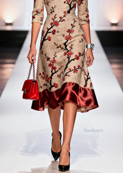 Chic Print Patchwork Linen Silk Long Dresses Summer