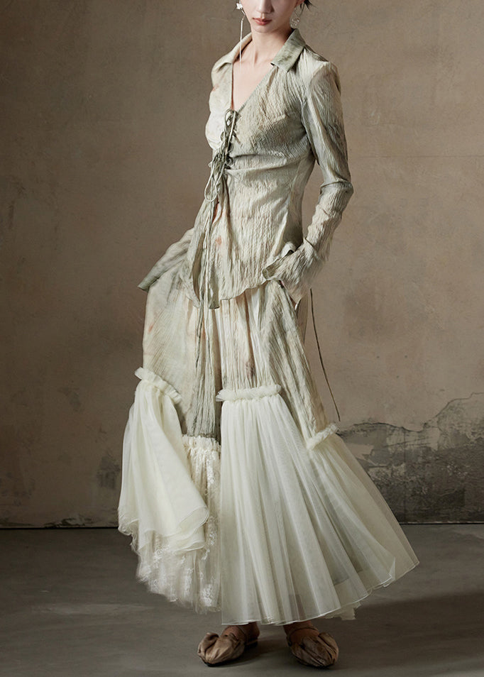 Conjunto de dos piezas de camisa y falda de algodón con patchwork de tul y estampado chic para primavera