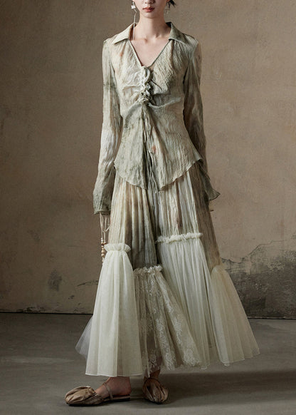 Conjunto de dos piezas de camisa y falda de algodón con patchwork de tul y estampado chic para primavera