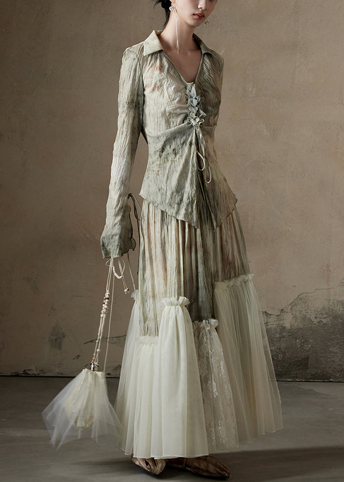 Conjunto de dos piezas de camisa y falda de algodón con patchwork de tul y estampado chic para primavera