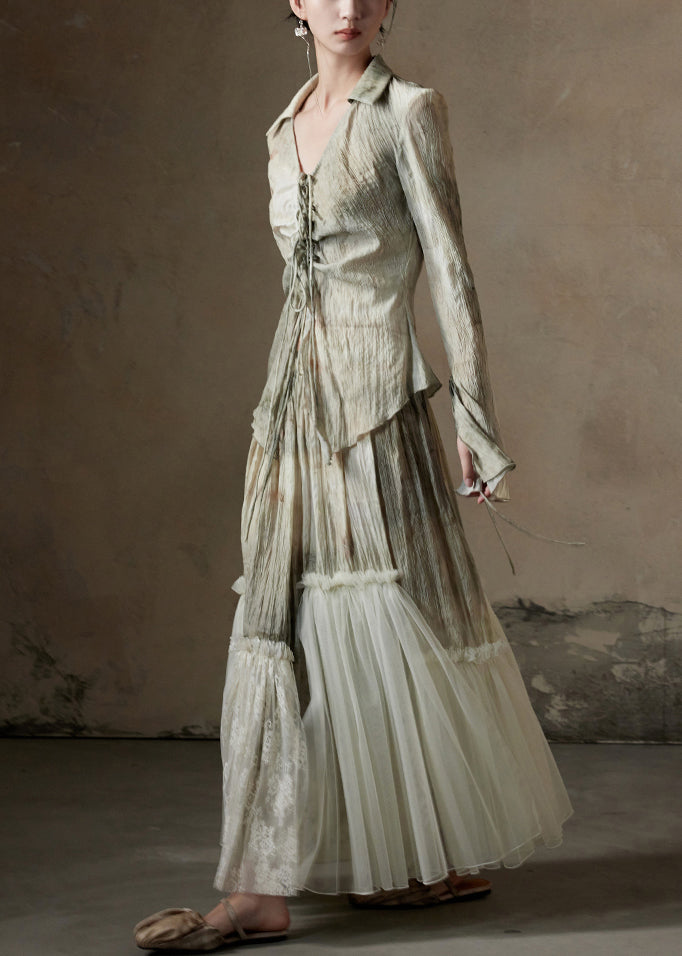 Conjunto de dos piezas de camisa y falda de algodón con patchwork de tul y estampado chic para primavera