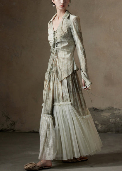 Conjunto de dos piezas de camisa y falda de algodón con patchwork de tul y estampado chic para primavera