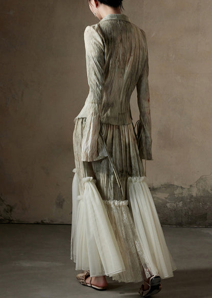 Conjunto de dos piezas de camisa y falda de algodón con patchwork de tul y estampado chic para primavera