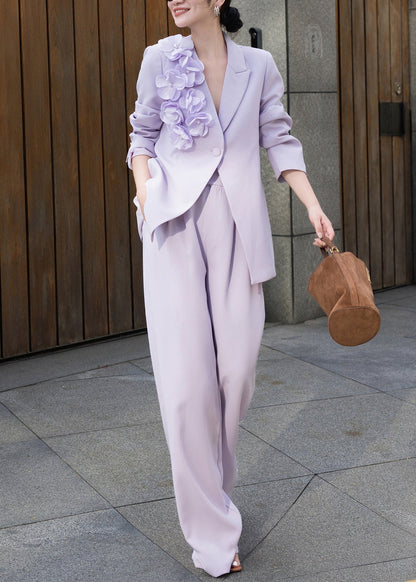 Chic Purple Floral Button Coat And Pants Two Pieces Set Fall