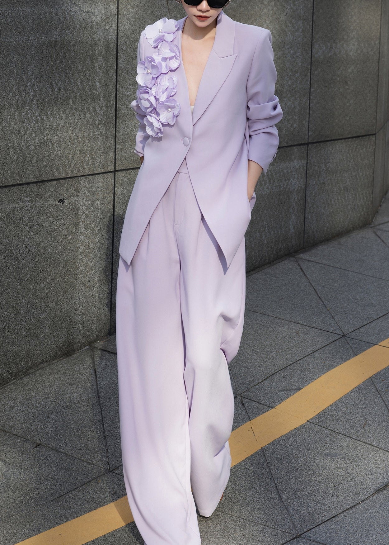 Chic Purple Floral Button Coat And Pants Two Pieces Set Fall