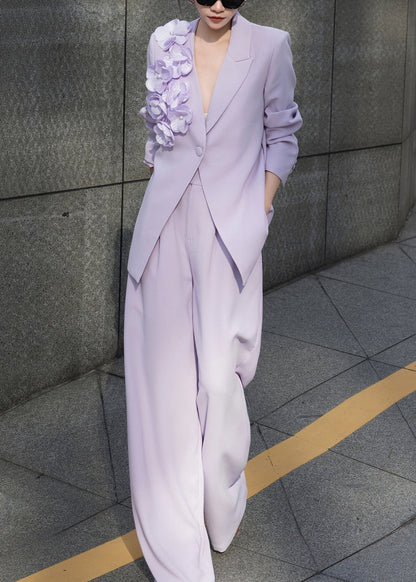Chic Purple Floral Button Coat And Pants Two Pieces Set Fall