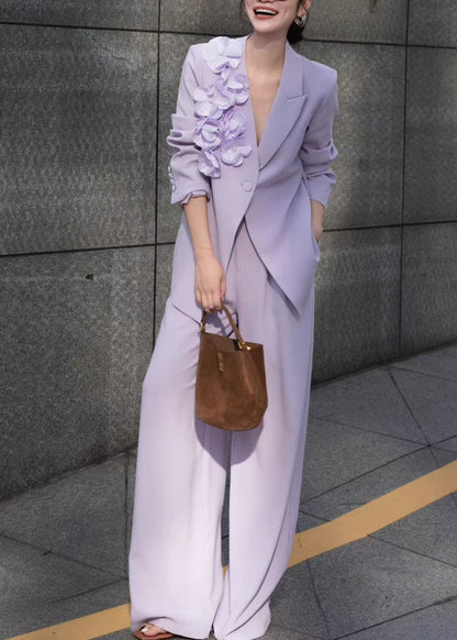 Chic Purple Floral Button Coat And Pants Two Pieces Set Fall
