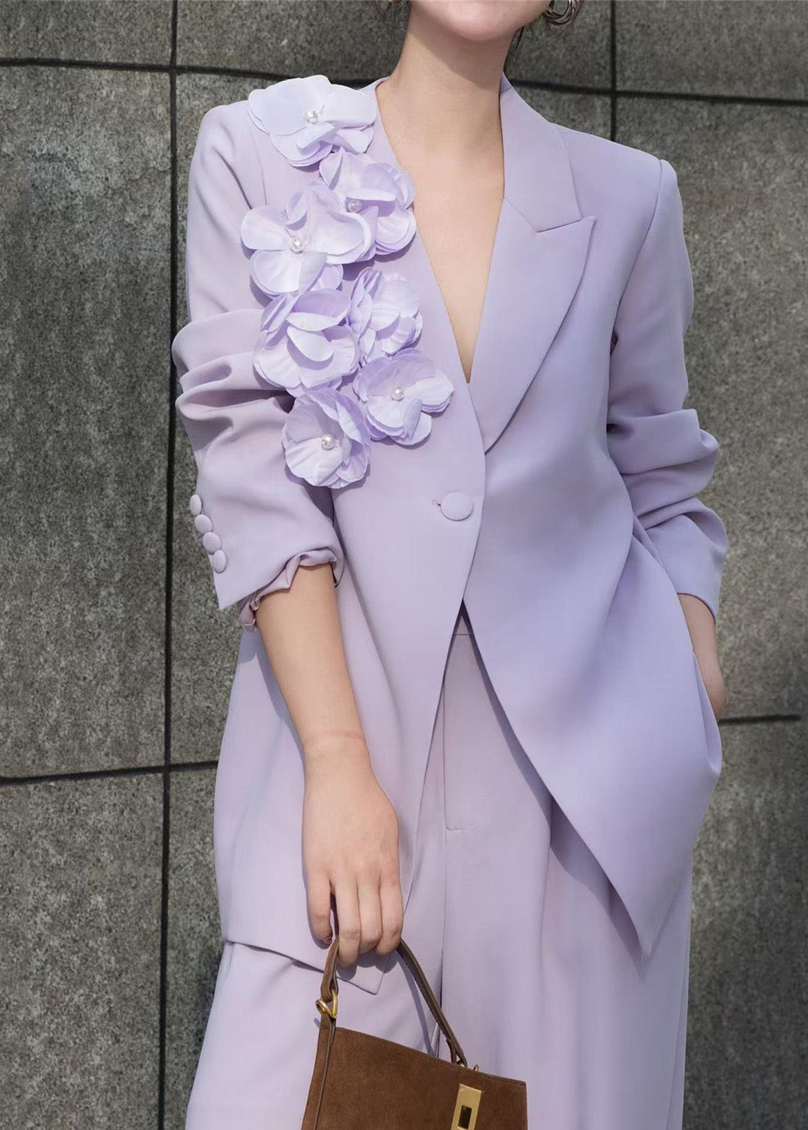 Chic Purple Floral Button Coat And Pants Two Pieces Set Fall