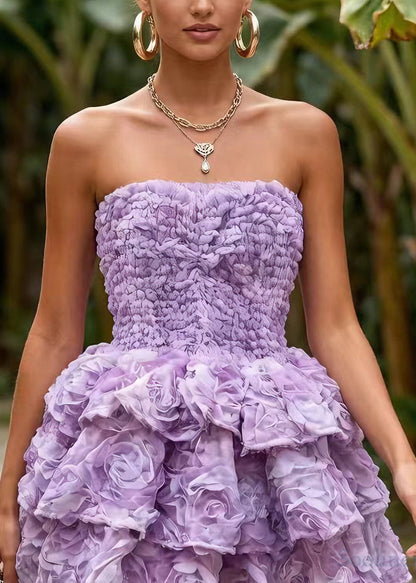 Chic Purple Floral Patchwork Tulle Mini Strapless Dress