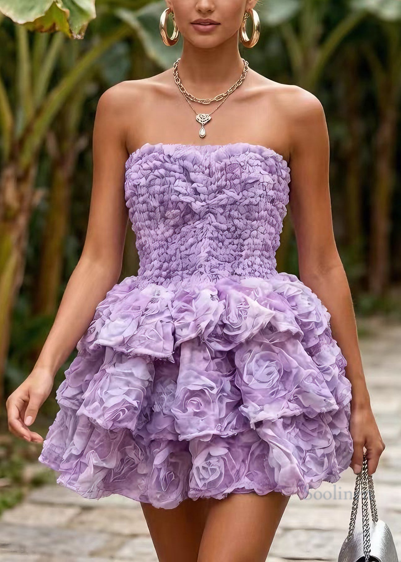 Chic Purple Floral Patchwork Tulle Mini Strapless Dress