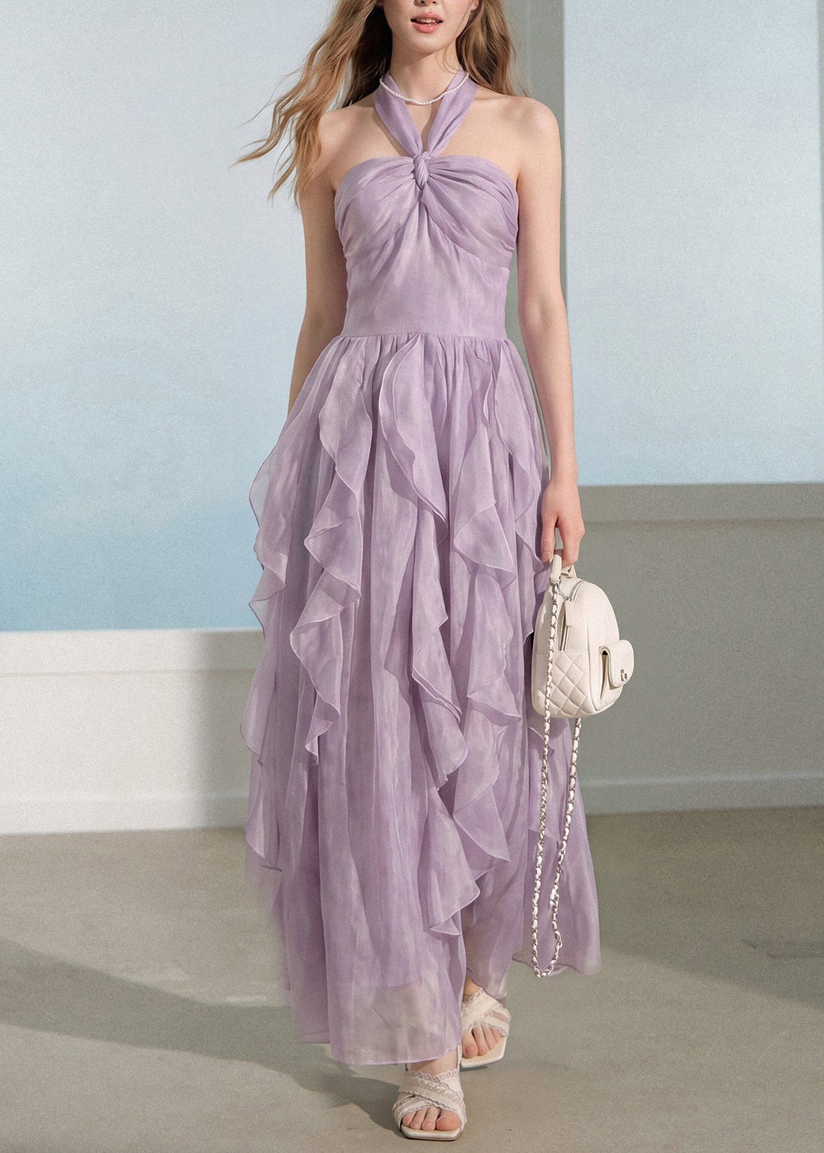 Chic Purple Halter Ruffled Patchwork Silk Dress Sleeveless
