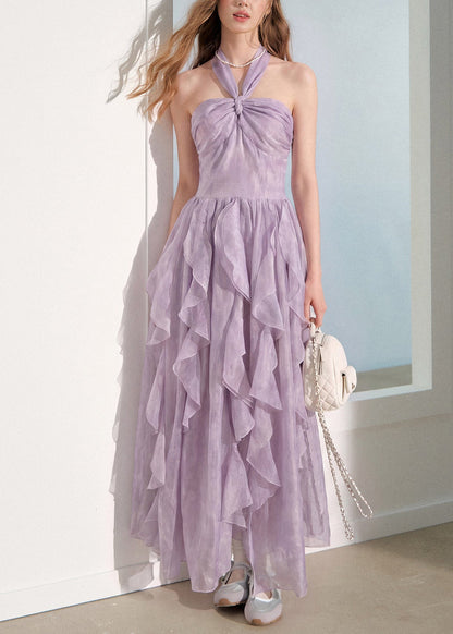 Chic Purple Halter Ruffled Patchwork Silk Dress Sleeveless