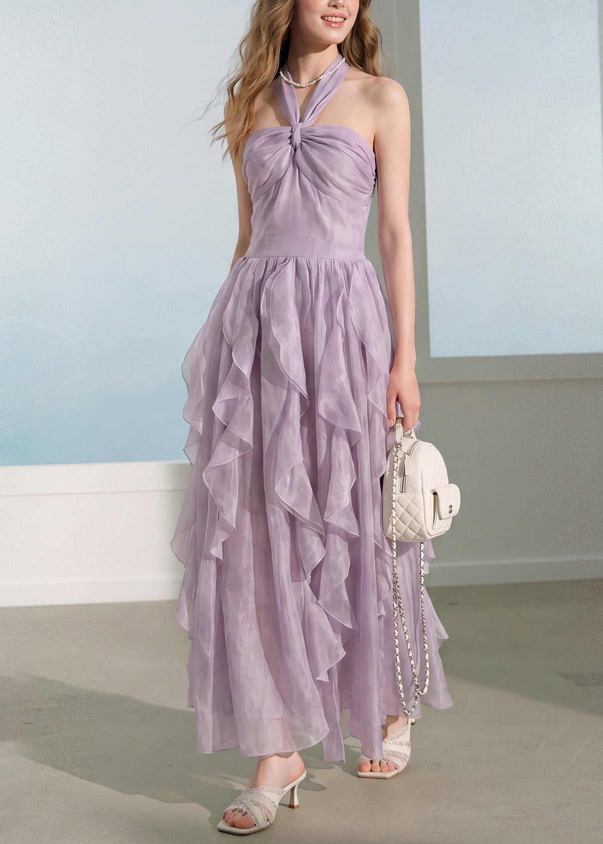 Chic Purple Halter Ruffled Patchwork Silk Dress Sleeveless