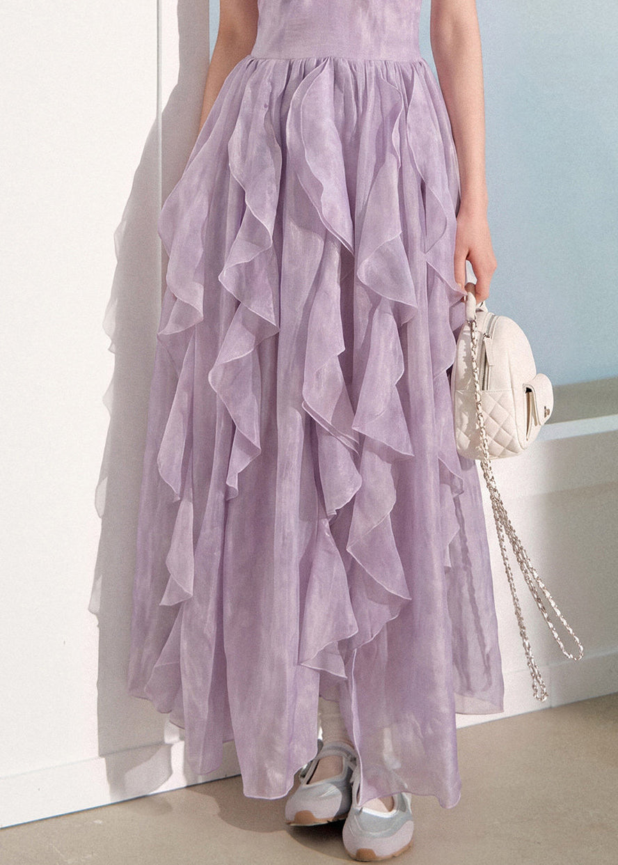 Chic Purple Halter Ruffled Patchwork Silk Dress Sleeveless