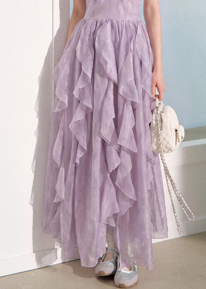 Chic Purple Halter Ruffled Patchwork Silk Dress Sleeveless