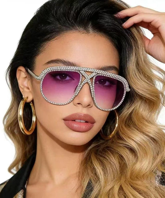 Chic Purple Large Frame Colorful Diamond Inlaid Sunglasses