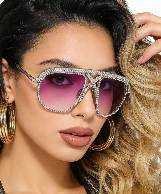 Chic Purple Large Frame Colorful Diamond Inlaid Sunglasses