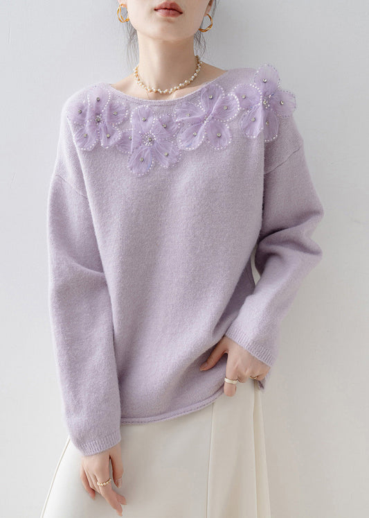 Chic Purple O Neck Floral Sequins Zircon Knit Top Spring