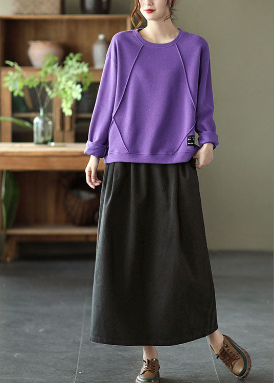 Schicker lila O-Ausschnitt Patchwork Strick Herbst Pullover Streetwear