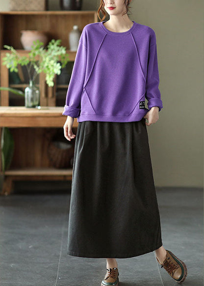 Schicker lila O-Ausschnitt Patchwork Strick Herbst Pullover Streetwear