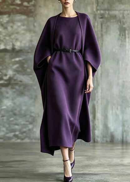 Chic Purple Oversized Woolen Two Pieces Set Winter