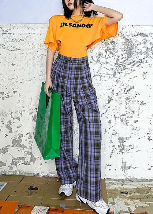 Chic Purple Plaid High Waist Wide Leg Pants Summer - SooLinen