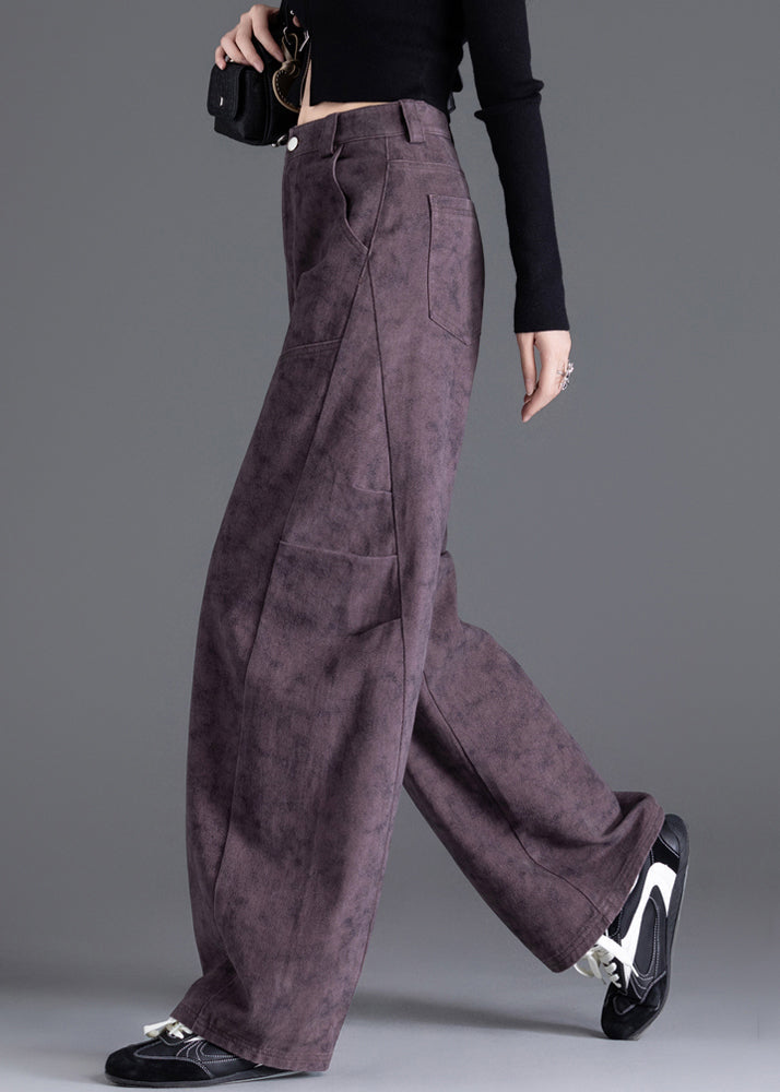 Chic Purple Pockets Print Wrinkled Denim Pants Spring