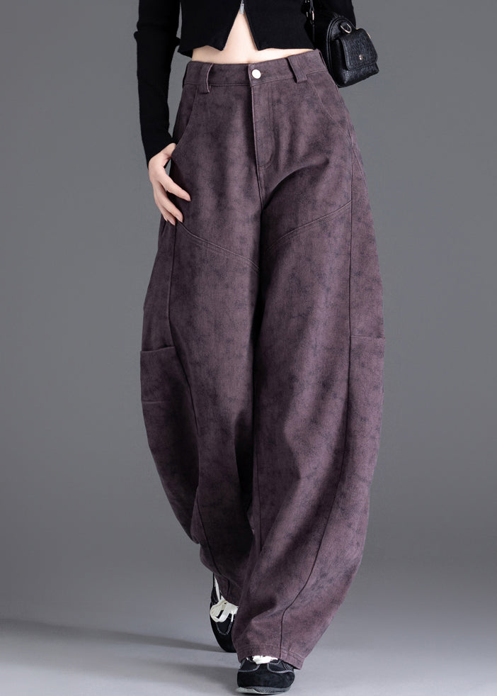 Chic Purple Pockets Print Wrinkled Denim Pants Spring