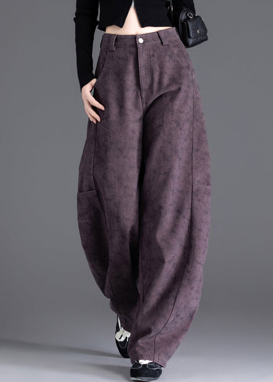 Chic Purple Pockets Print Wrinkled Denim Pants Spring