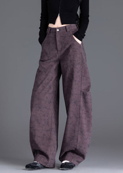 Chic Purple Pockets Print Wrinkled Denim Pants Spring