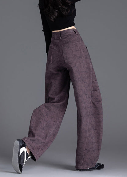 Chic Purple Pockets Print Wrinkled Denim Pants Spring