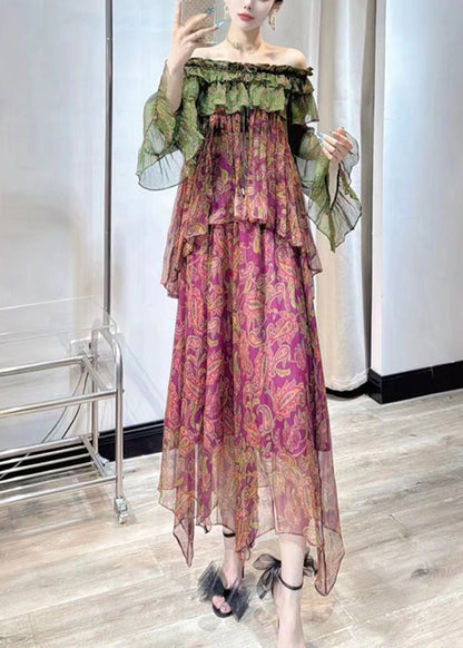 Chic Purple Print Chiffon Top And Maxi Skirts Two Pieces Set Fall