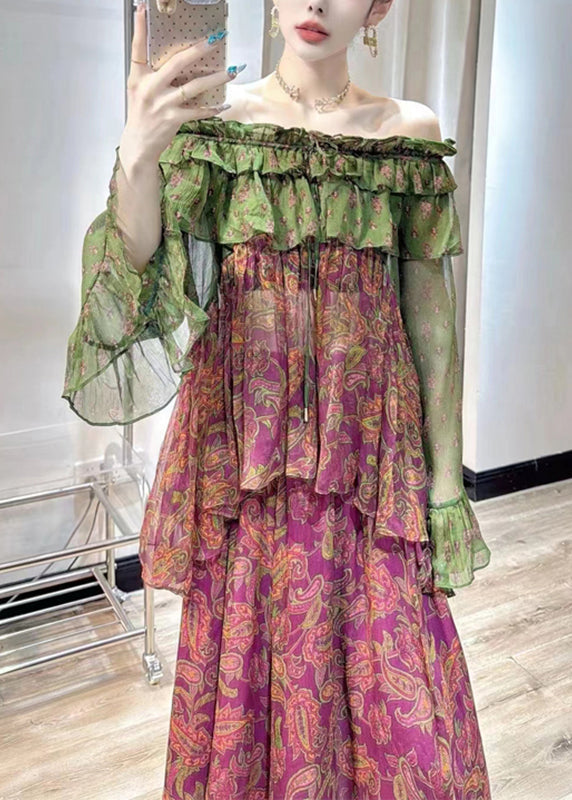 Chic Purple Print Chiffon Top And Maxi Skirts Two Pieces Set Fall