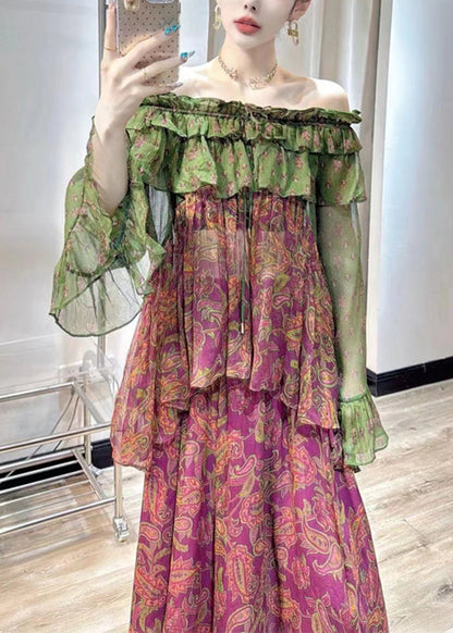 Chic Purple Print Chiffon Top And Maxi Skirts Two Pieces Set Fall